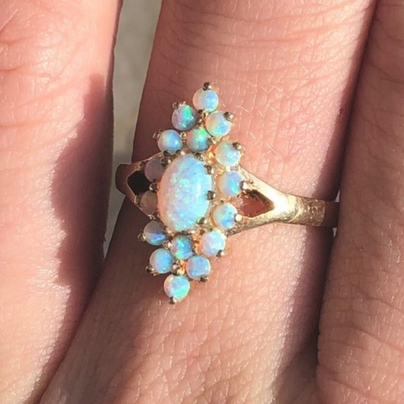 Fiery Opal Halo Marquise Shield Art Ring - Size 7.5 - Picture 5 of 8